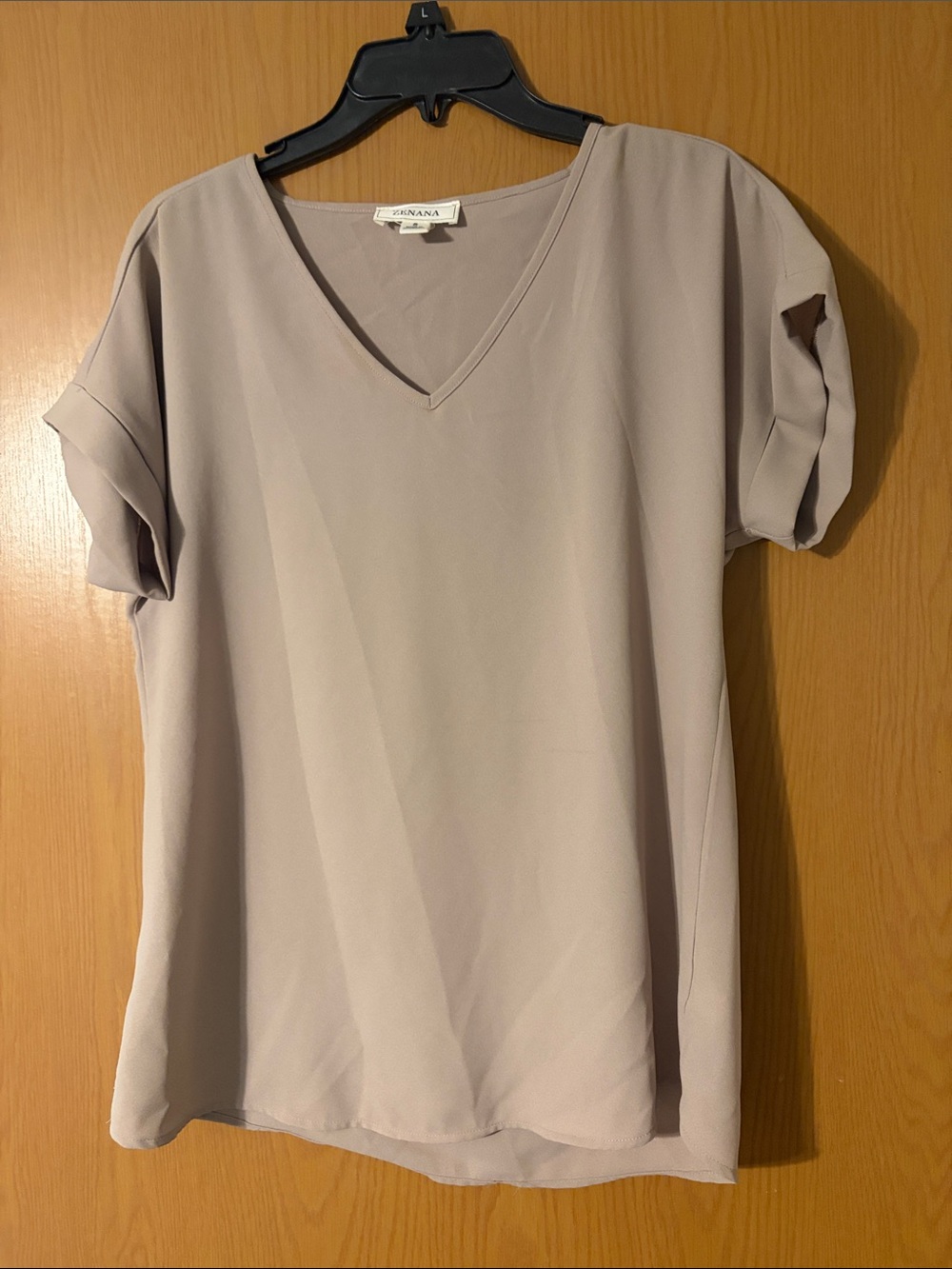 Zenana Outfitters Light Taupe V-Neck Short Sleeve Blouse